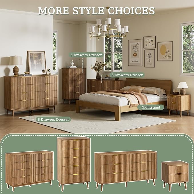 LYNSOM Fluted Dresser and Nightstand Sets 3 Piece, 8-Drawers Dresser and 1-Drawer Nightstands Set of 2, Wood Bedroom Furniture Set for Home, Bedroom, Hallway, Walnut