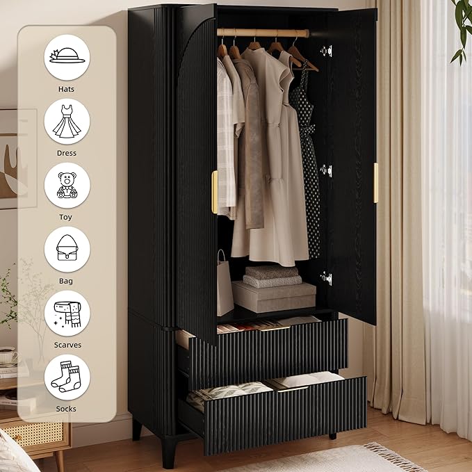70.1" Arched Wooden Armoire Wardrobe Closet with 2 Doors and 2 Drawers, Fluted Bedroom Armoire with Hanging Rod Shelf, Clothing Storage Cabinet, Wardrobe Armoire Closet Cabinet for Bedroom