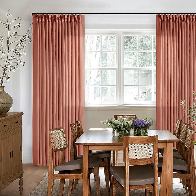 Terracotta 90 Inch Linen Curtains Pinch Pleated for Living Room Bedroom Dining Boho Light Filtering Pinch Pleat Drapes Hooks Rings Back Tab Semi Sheer Red Clay Autumn Fall Window Curtains 2 Panels