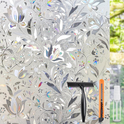 HIDBEA Window Privacy Film, 3D Stained Glass Static Cling - Sun Blocking Anti-UV Heat Control, Reusable Decorative Film for Home/Office Doors, Rainbow Tulip Design (29.5 in x 78.7 in)