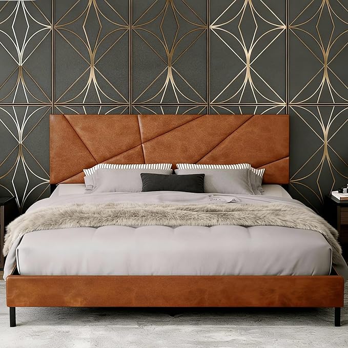 Upholstered Full Size Platform Bed Frame with Faux Leather Padded Headboard, Sturdy Metal Slats Support, No Box Spring Needed, Vintage Brown