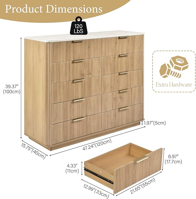 Fluted Drawers Dresser for Bedroom with 10 Drawers, 42'' Wide Mid Century Dressers with Faux Marble Top & Metal Handle, Wooden Chest of Drawers TV Stand, Natural Wood Closet Storage Organizer,Oak