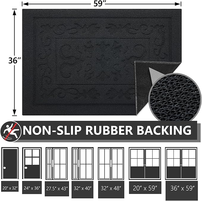 FONEYI Indoor Door Mat, Front Back Door Mat 36" x 59" Non-Slip Rubber Backing Door Rug, Machine Washable Entry Rug, Low Profile Absorbent Dirt Trapper Doormat Inside Floor Mats for Entryway, Black