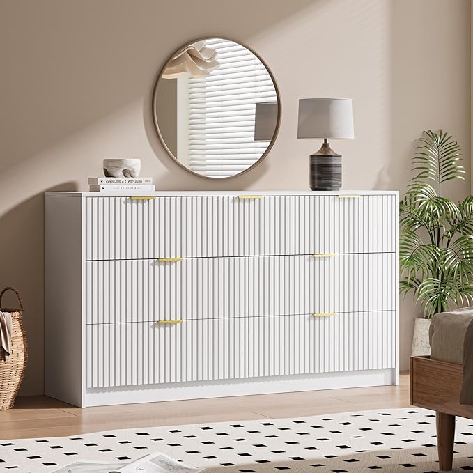 White 7 Drawer Dresser for Bedroom, 55.9" Wide Modern Fluted Dresser with Gold Metal Handles, Wide Chest of Drawers for Bedroom, Living Room, Entryway, Hallway
