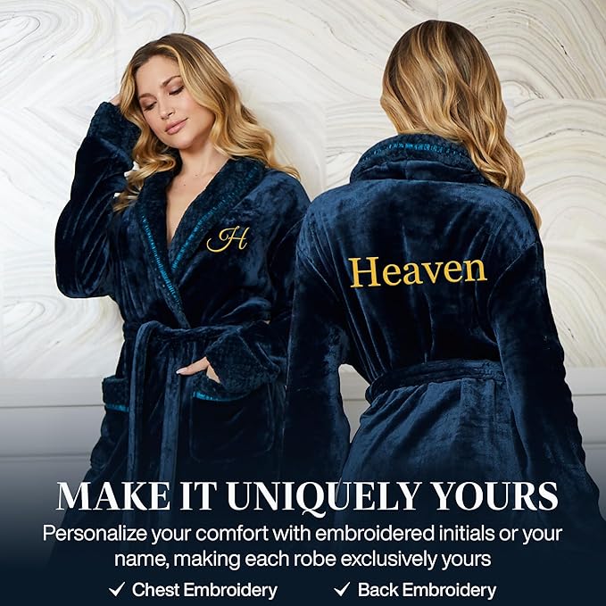 Lotus Linen Plush Robes for Women - Soft Bathrobe, Custom Monogram, Warm Fleece Robe with Pockets