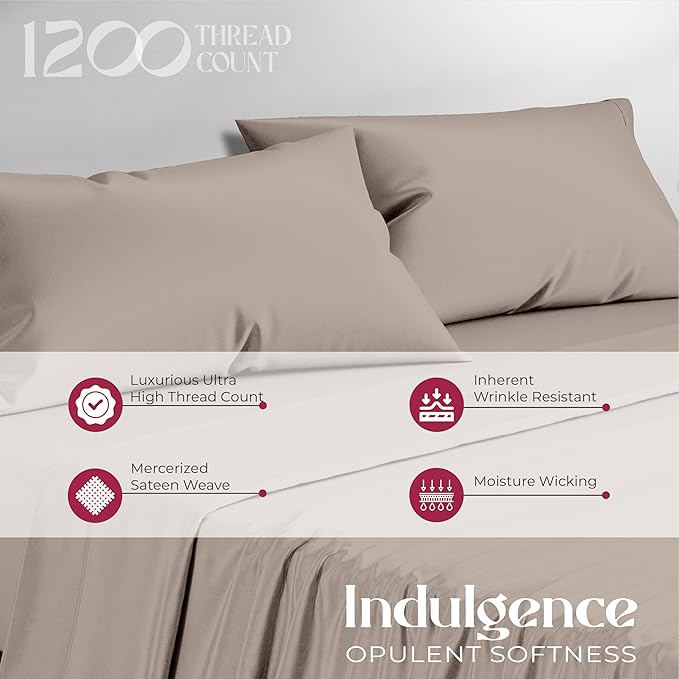 Mayfair Linen 100% Egyptian Cotton Sheets Queen Size - 1200 Thread Count 4 PC Queen Sheet Set Egyptian Cotton, Sateen Luxury Sheet, High Thread Count Sheets, 17" Deep Pocket - Taupe