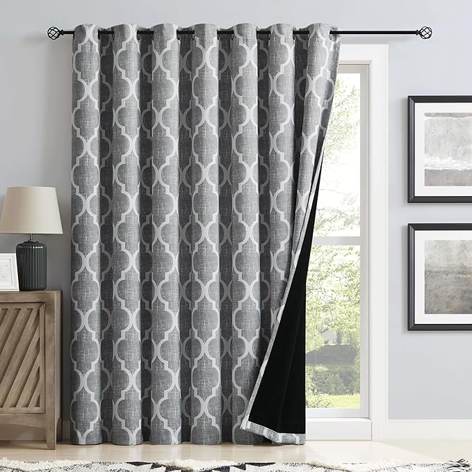 Beauoop 100% Blackout Curtains 96 Inches Long for Patio Sliding Door Grey Extra Wide Moroccan Geo Room Darkening Gray Thermal Soundproof Room Divider Grommet Window Treatment Drapes,100x96 Set of 1