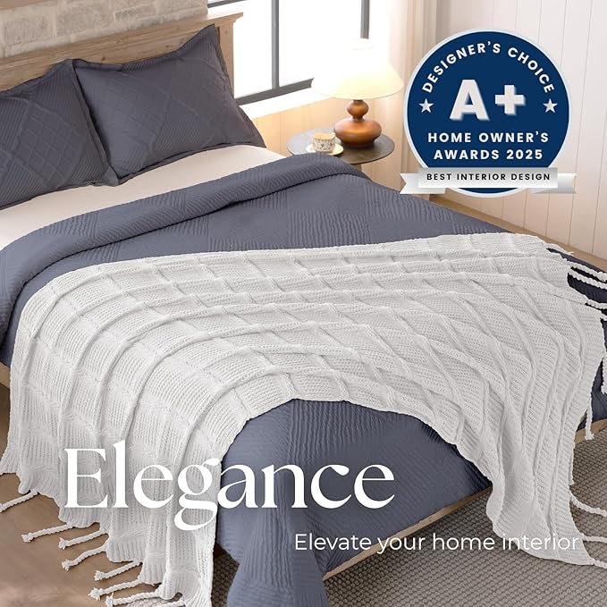 Boho Knitted Chenille Blanket with Tassels - Lightweight & Soft All-Season Throw - 3D Classic Pattern for Living Room Bedroom Couch, Cloud White, Throw 50"x60"