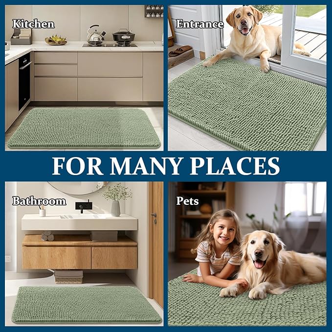 OLANLY Dog Door Mat for Muddy Paws 34x21, Absorbs Moisture and Dirt, Absorbent Non-Slip Washable Doormat, Quick Dry Chenille Mud Mat for Dogs, Entry Indoor Entryway Carpet for Inside Floor, Sage Green