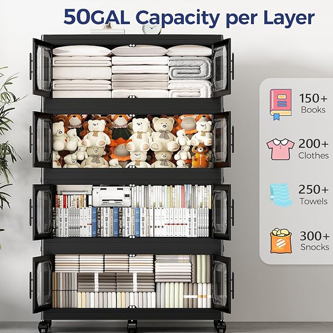 150 Gallon Extra Large Storage Bin with Lid and Wheels, Stackable Collapsible Plastic Storage Box with Door, Foldable Organizer for Closet, Kitchen, Office, Living Room, 3 Pack Black