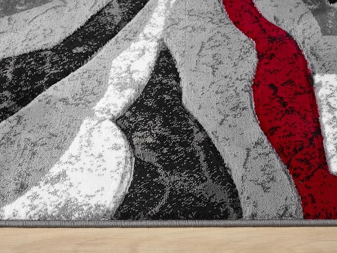 Modern Abstract Area Rug Hand Carved Contemporary Geometric Swirls Vibrant Colors Carpet for Living Room Bedroom Design PR1002 (Red, 5' x 7')