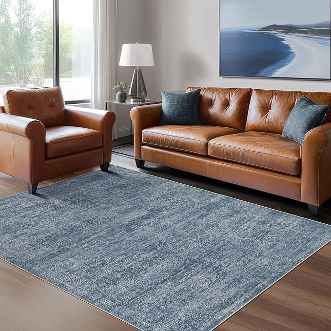 Area Rug Living Room Rugs - 5x7 Large Soft Indoor Neutral Modern Abstract Low Pile Washable Rug Carpet for Bedroom Dining Room Farmhouse Home Office - Dark Blue