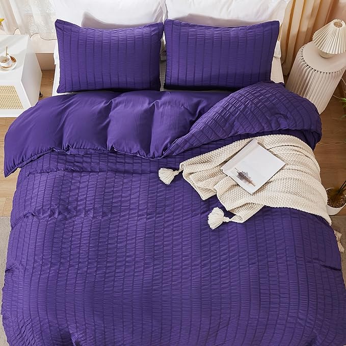 AveLom Dark Purple Duvet Cover King(104 x 90 inches), 3 Pieces (1 Duvet Cover, 2 Pillow Cases), Seersucker Striped Soft Washed Microfiber Textured Duvet Cover Set with Zipper Closure, Corner Ties
