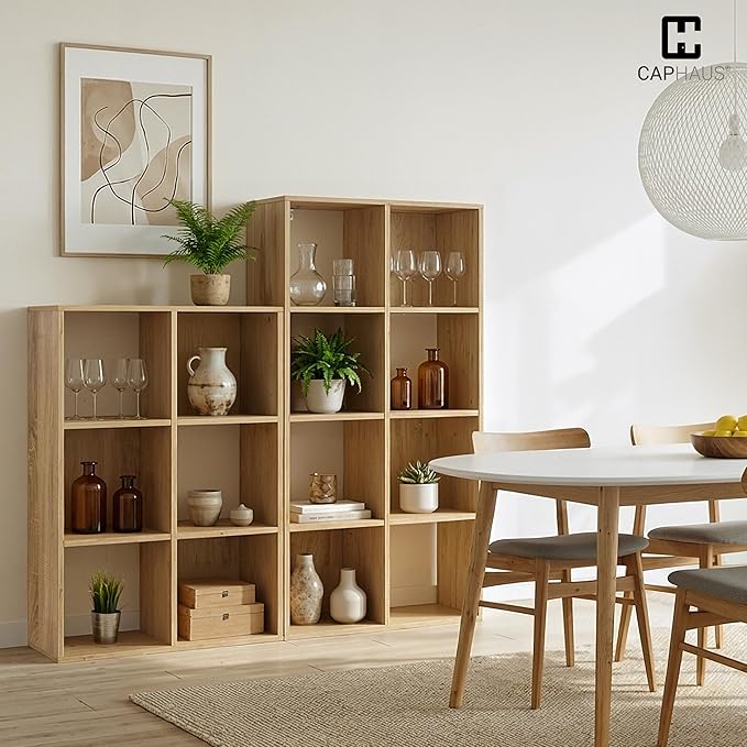 CAPHAUS Sturdy Room 11-Inch Cube Storage Organizer Shelf, with Thick Exterior Edge, Storage Shelf Divider w/Back, Bookcase, 9-Cube, Natural Oak