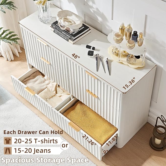 LEYAOYAO Fluted Dresser and 3 Drawers Nightstand Set of 2, Wood 48" Wide Dresser & 23" Night Stand with Charging Station, 3 Piece Bedroom Furniture Set, Chest of Drawers for Living Room,Antique White