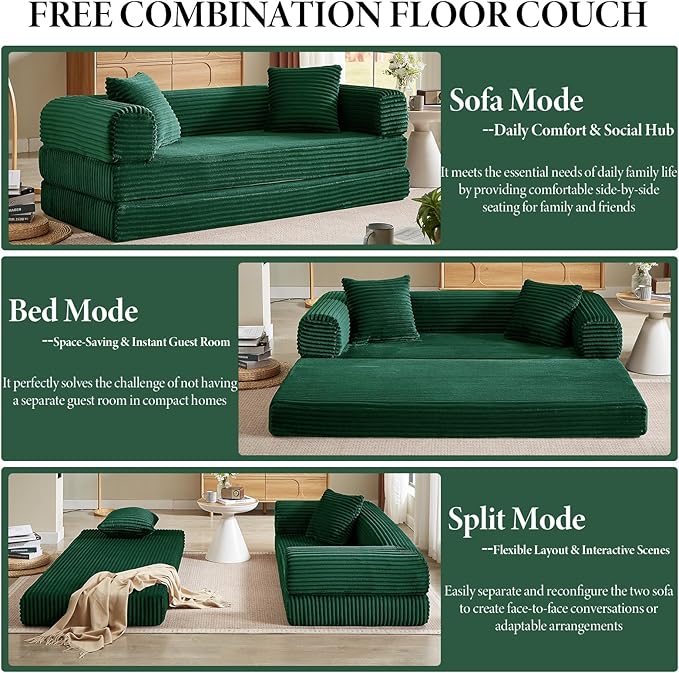 Convertible Futon Sofa Bed, Fold Out Floor Sofa Couch with Sleeper Sofa,Folding Boneless Couches with Deep Seat,Cloud Corduroy Foldable Mattress Couch for Living Room (Green)
