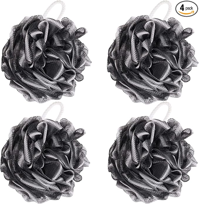 BTYMS 4 Pieces Loofah Sponge Shower Puff Exfoliating Bath Sponge 60g Mesh Pouf Bath Loofahs Black Shower Scrunchies for Bathing