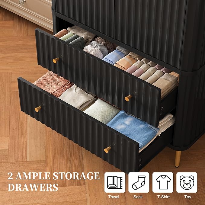 HLR 72" Modern Armoire Wardrobe Closet with Doors and Drawers, Bedroom Armoire Cabinet with Hanging Rod, Wooden Clothing Storage Cabinet,Black
