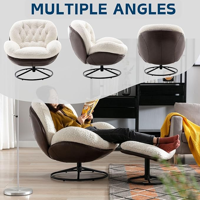 Swivel Sherpa Accent Chair with Ottoman, Mid Century Modern Lounge Chair with Footrest, Comfy Reading Chair with 360 Degree Metal Base for Small Space/Living Room/Bedroom, White Fur