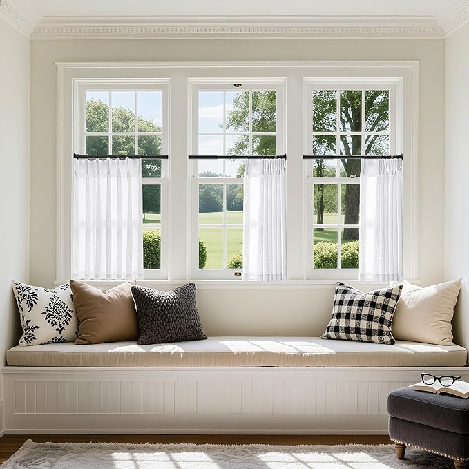 Pleated White Linen Cafe Curtains 30 Inch Length 2 Panels Privacy Light Filtering Semi Sheer Front Door Small Window Boho Farmhouse Pinch Pleated Short Curtains for Bathroom Kitchen Basement