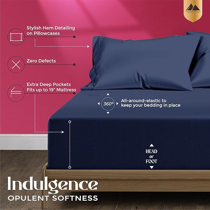 Mayfair Linen 100% Egyptian Cotton Queen Sheet Set - Luxury 1200 High Thread Count Egyptian Cotton Sheets Queen Size (4 PC, Navy Blue), Silky Soft, Cooling, 17" Deep Pocket Sateen Weave Hotel Bedding