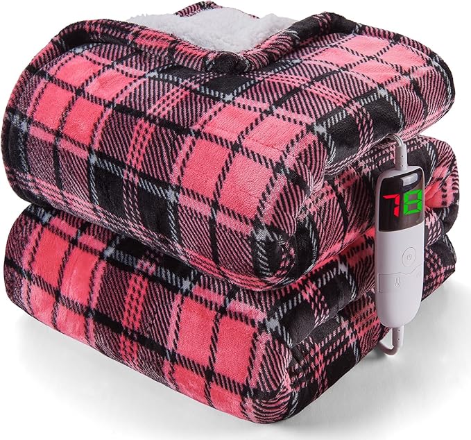Pink Heated Blanket Electric Full Size,72X84 Heating Blanket with 10 Heats Levels&8 Hours Auto Off&Timer,Plaid Soft Sherpa Pink Blankets Warmer Gift for Grandma Women Adult,Fast Heating Washable