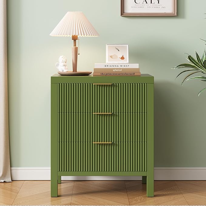 End Table with Storage, Wooden Farmhouse Nightstands with 3 Drawers, Bedside Table - Boho Tall Side Table Accent for Bedroom, Living Room, Green