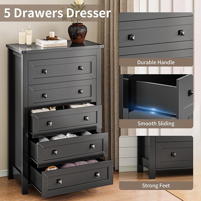 Dresser for Bedroom with 5 Drawers, Tall Wood Chest of Drawers, Modern Farmhouse Closet Clothes Organizer, Storage Tower Cabinet with Metal Handles for Hallway, Living Room, Entryway, Black