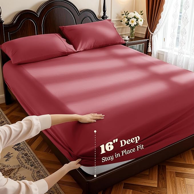 LBRO2M 1000 Thread Count 100% Egyptian Cotton Sheets Set King Size, 4 Piece Sets Bed Sheet Deep Pocket Sheet Set 16" Soft Comfortable All Season (King, Burgundy)
