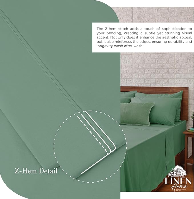 Linen Home 100% Cotton Percale Sheets Twin XL Size, Frosty Green, Deep Pocket, 3 Pieces Set - 1 Flat, 1 Deep Pocket Fitted Sheet and 1 Pillowcase, Crisp Cool and Strong Bed Linen