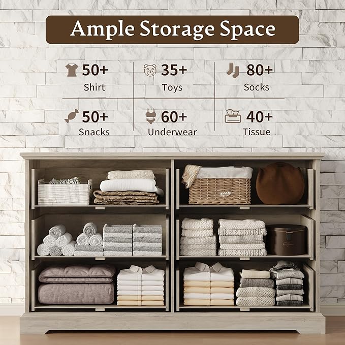 Farmhouse 6 Drawers Dresser for Bedroom, 54" Wide Modern Chest of Drawers with Deep Drawers & Bar Handles, Rustic Wood Dresser TV Stand, Wooden Closet Storage Organizer for Living Room, Hallway, Grey