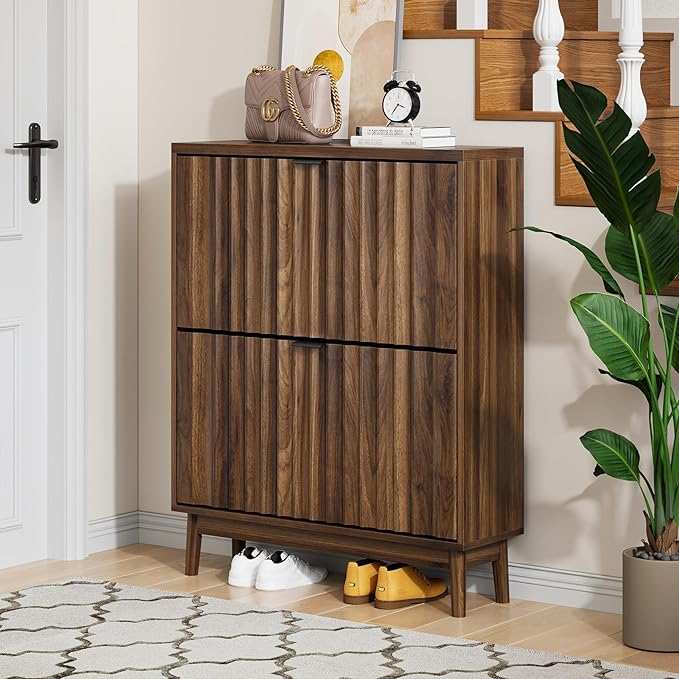 Shoe Storage Cabinet with 2 Flip Drawers, Walnut Fluted Narrow for Entryway, Slim Shoe Rack Cabinet Organizer 31.5in