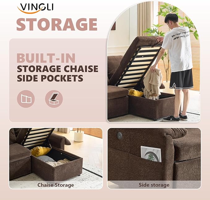 VINGLI Convertible Sofa Bed Couches for Living Room, Sleeper Sofa with Pull Out Couch Bed, Cloud-Like Plush Fleece L-Shape Sectional Couch with Storage Chaise, USB Charging, Side Pockets (Dark Brown)