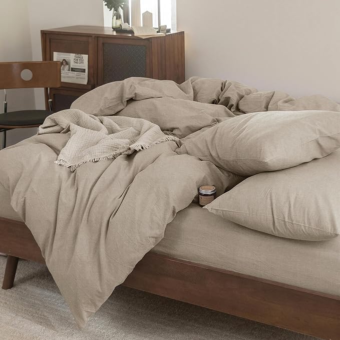 FOSSA Duvet Cover Set 100% Washed Cotton Linen Feel Super Soft Breathable Cozy 3 Pieces Bedding Sets Solid Tannish Linen Grey Full/Double