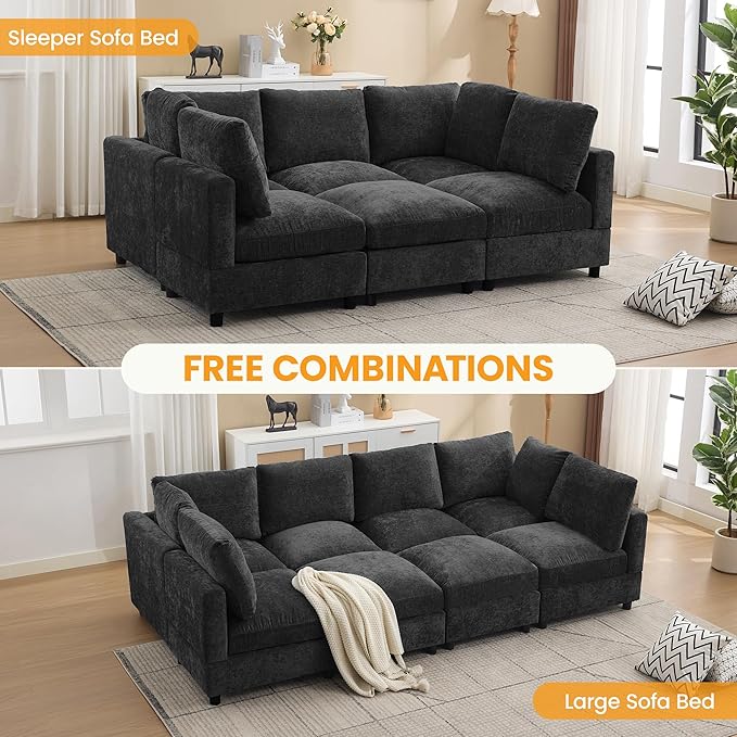 89'' Modular Sectional Cloud Sofa Bed, 6-Seater Convertible Sofa Couch with Ottoman, Modern Deep Seat Sleeper Sofa for Living Room, Chenille Dark Grey