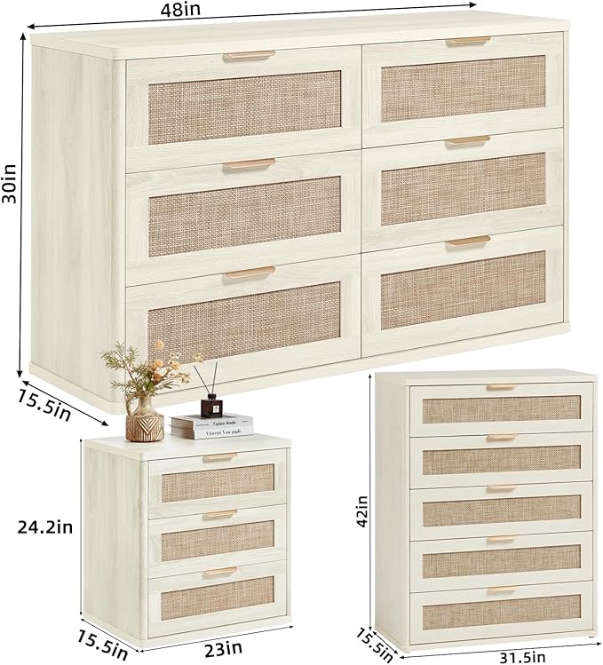 LEYAOYAO Rattan Dresser and Nightstand Sets 3, Boho Wood Dresser for Bedroom with 6 Drawers and Night Stand with 3 Drawer, Bedroom Furniture, Dressers & Chests of Drawers, Living Room, Hallway