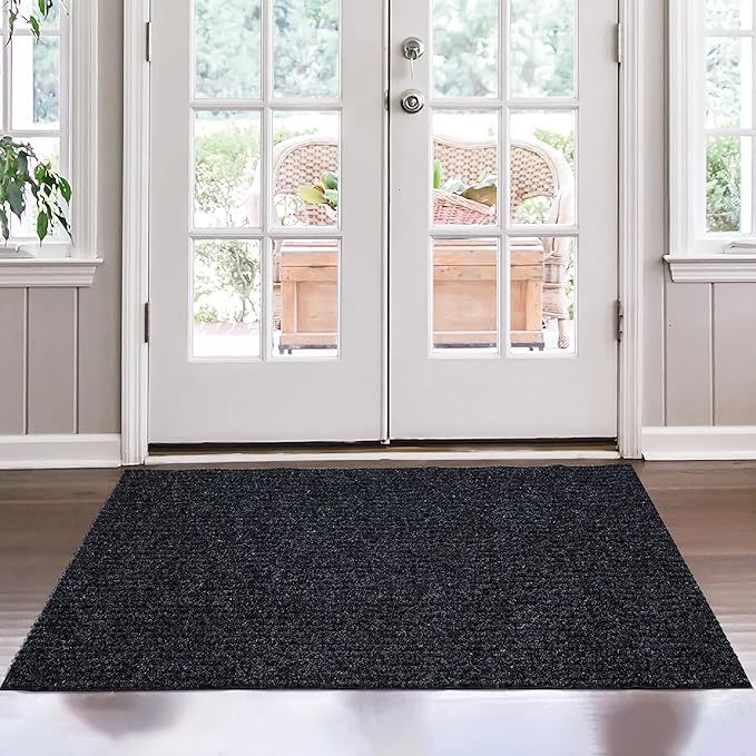 Ottomanson Mud Mat 3' x 3'11" Entryway Rug - Non-Slip Scraper Doormat for Muddy Paws, Dirt Trapping Indoor/Outdoor Mat for High-Traffic Areas, Kitchen, Garage, Patio, Black