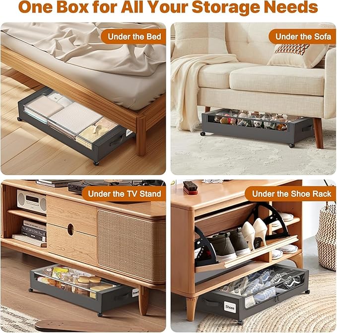 Under Bed Storage with Wheels,Under Bed Storage Containers with Clear Lids, Under-Bed Organizers for Clothes, Shoes – Durable Storage Bins with Smooth Rolling Wheels (Black, 4 Pack)