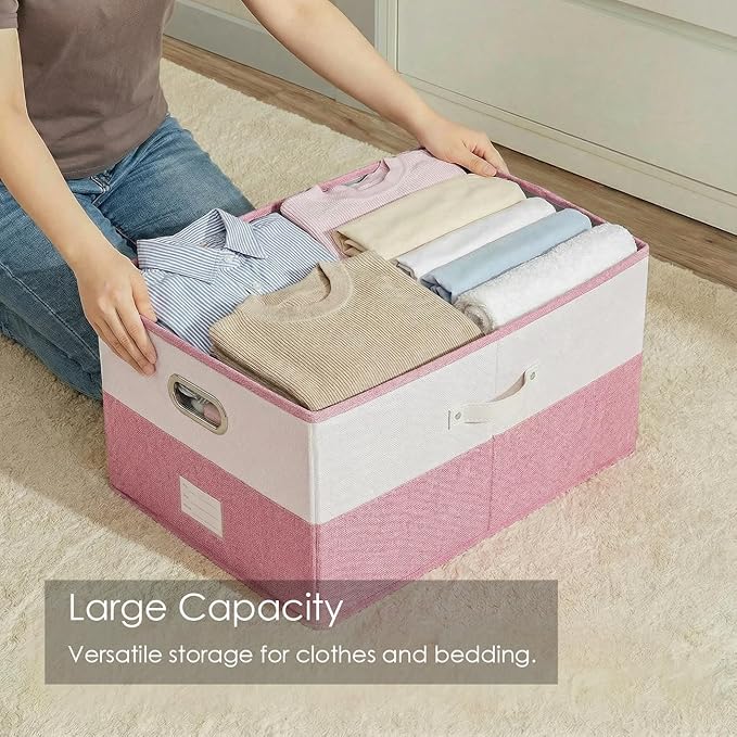 PRANDOM Collapsible Storage Bins with Lids [3-Pack] Linen Fabric Foldable Storage Boxes Organizer Containers Baskets Cubes with Cover for Bedroom Closet Nursery Pink&White (23.4X15.9X11.4)