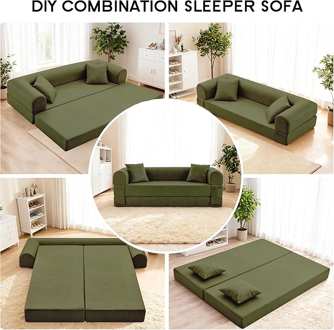 78.5" Convertible Sleeper Sofa Bed, Faux Leather Folding Floor Sofa with Pullout Bed&2 Pillows, No Assembly Modern Boneless Couch Compression Sofa in Box with Storage Pocket for Living Room, Green