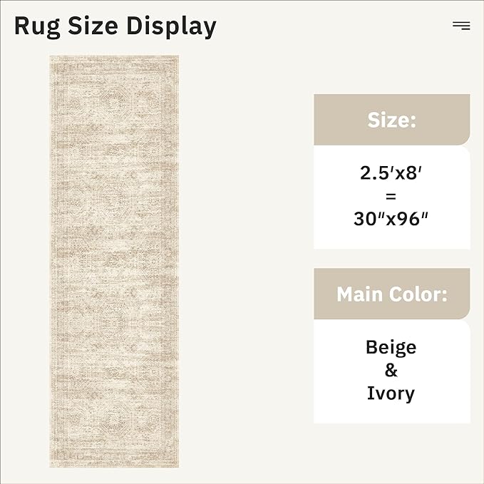 Washable Runner Rug, 2'6" x 8' Non-Slip Kitchen Vintage Foldable Hallway Runners for Entryway, Laundry, Bedroom, Beige