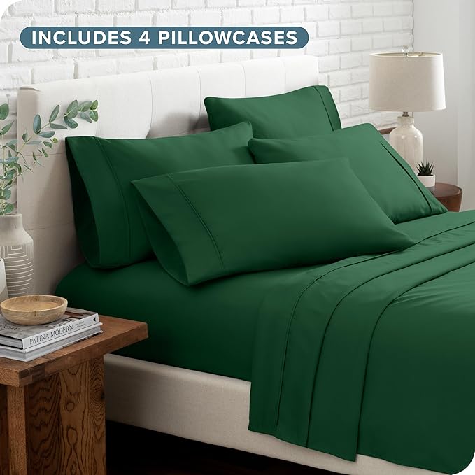 Bare Home Hotel Luxury Queen Sheet Set, Extra Soft - 6 Piece Set - Deep Pockets - Easy Fit - Cooling & Breathable - Wrinkle, Fade, Stain Resistant - Includes 4 Pillowcases (Queen, Forest Green)