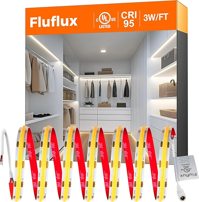 White COB LED Strip Light 4000K, Premium 24V DC Tape Light with Strong 3M VHB Tape, CRI 95, UL Listed, Cuttable, Dimmable, 3W/FT for Bedroom, Mirror, Closet (NO Power Supply)