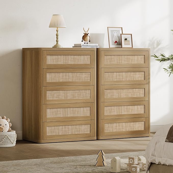 SICOTAS Tall Dresser for Bedroom - Rattan 5 Drawer Dressers Chest of Drawers with Push-to-Open Design, Modern Extra Deep Clothes Dresser with Large Storage for Closet, Living Room, Amber Oak, 2PCS