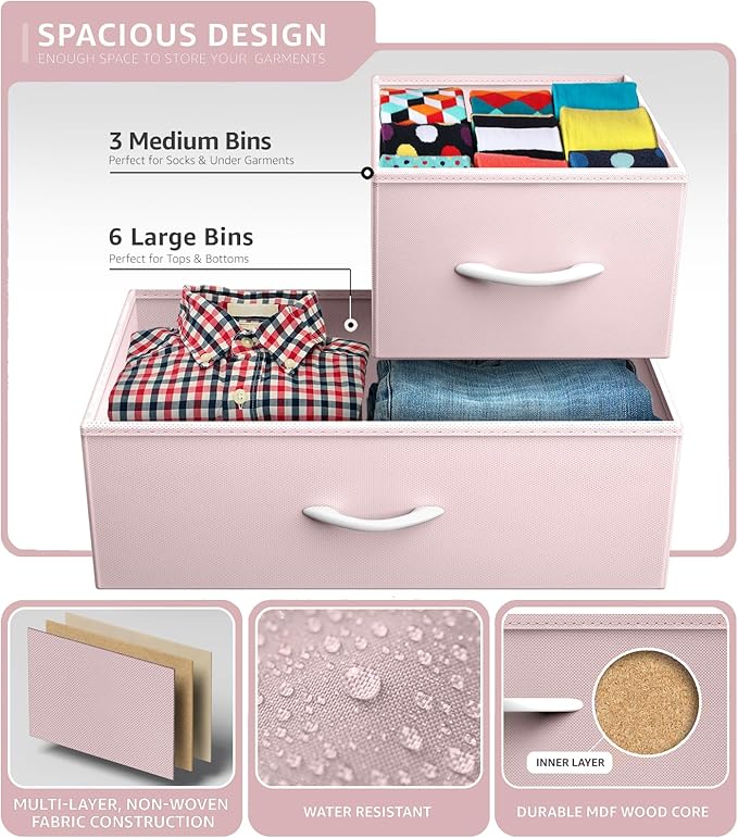 Sorbus Dresser with 9 Drawers - Furniture Storage Chest Tower Unit for Bedroom, Hallway, Closet, Office Organization - Steel Frame, Wood Top, Fabric Bins (Solid Pink, Solid)