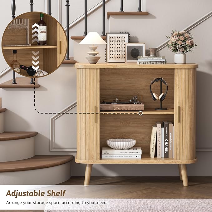 Buffet Cabinet with Storage, Curved-Edge Fluted Storage Cabinet Sideboard, Modern Black Sideboard Buffet with Adjustable Shelves & Sliding Door for Dining Room, Kitchen, Entryway (Oak)