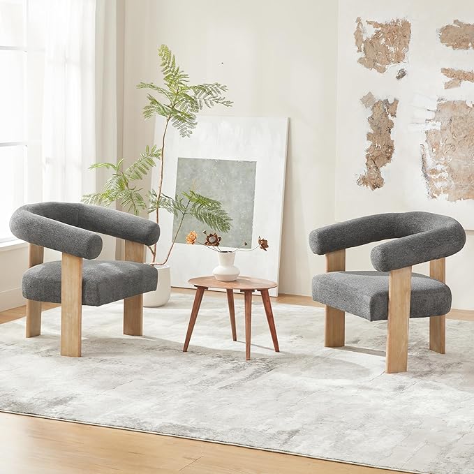 VKNOW Accent Chair Living Room Chairs Set of 2, Modern Upholstered Arm Chair with Solid Wood Legs, Comfy Barrel Accent Chairs for Living Room, Bedroom, Dark Grey