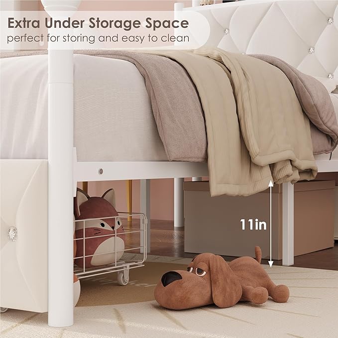 Keyluv Twin Upholstered Canopy Bed Frame with Drawer & Crystal Tufted Storage Headboard Metal Platform Bed with Charging Station & 4 Removable Posts No Box Spring Needed Curtain Not Included, Beige