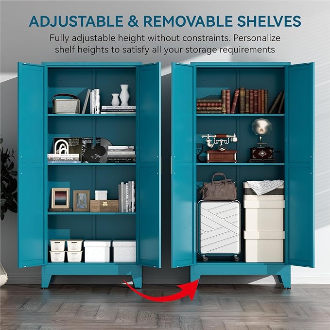 Farmhouse Pantry Cabinet with Barn Doors,61" H x 27.5" W,Metal Cabinet with Adjustable Shelves,4-Tier Storage Cabinet for Kitchen Dining Room Garage,Blue