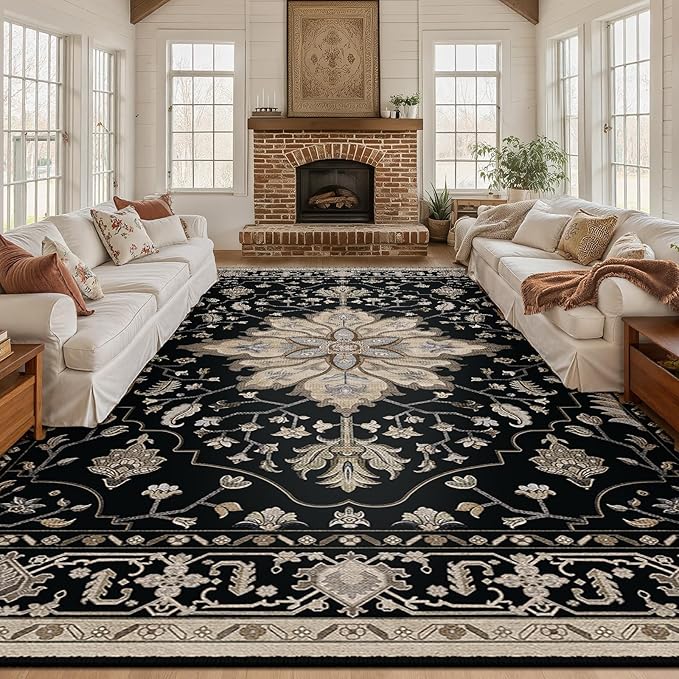 Area Rugs 10'x12' Washable Non-Slip, Floral Vintage Distress Print Pattern Medallion Carpet for Living Room Bedroom Dining Room, Black Brown Neutral Dark Tan
